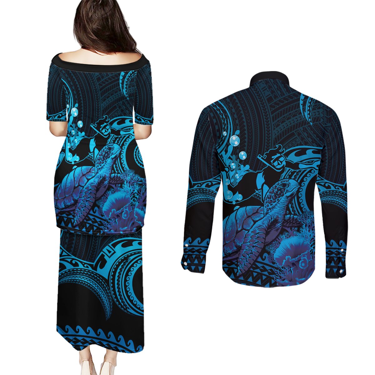 Blue Aloha Hawaii Couples Matching Puletasi and Long Sleeve Button Shirt Snorkeling With Sea Turtle Polynesian Pattern LT14 - Polynesian Pride