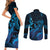 Blue Aloha Hawaii Couples Matching Short Sleeve Bodycon Dress and Long Sleeve Button Shirt Snorkeling With Sea Turtle Polynesian Pattern