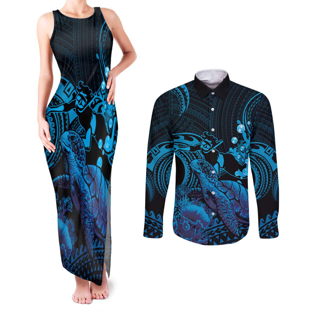 Blue Aloha Hawaii Couples Matching Tank Maxi Dress and Long Sleeve Button Shirt Snorkeling With Sea Turtle Polynesian Pattern