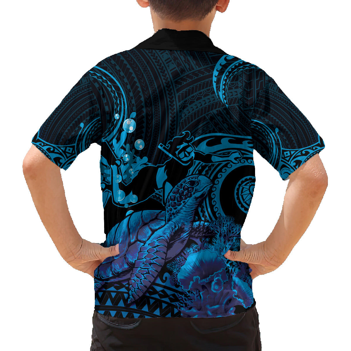 Blue Aloha Hawaii Family Matching Long Sleeve Bodycon Dress and Hawaiian Shirt Snorkeling With Sea Turtle Polynesian Pattern LT14 - Polynesian Pride
