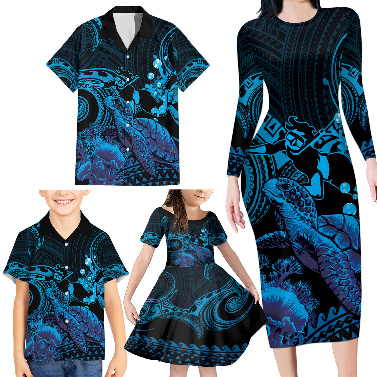 Blue Aloha Hawaii Family Matching Long Sleeve Bodycon Dress and Hawaiian Shirt Snorkeling With Sea Turtle Polynesian Pattern LT14 - Polynesian Pride