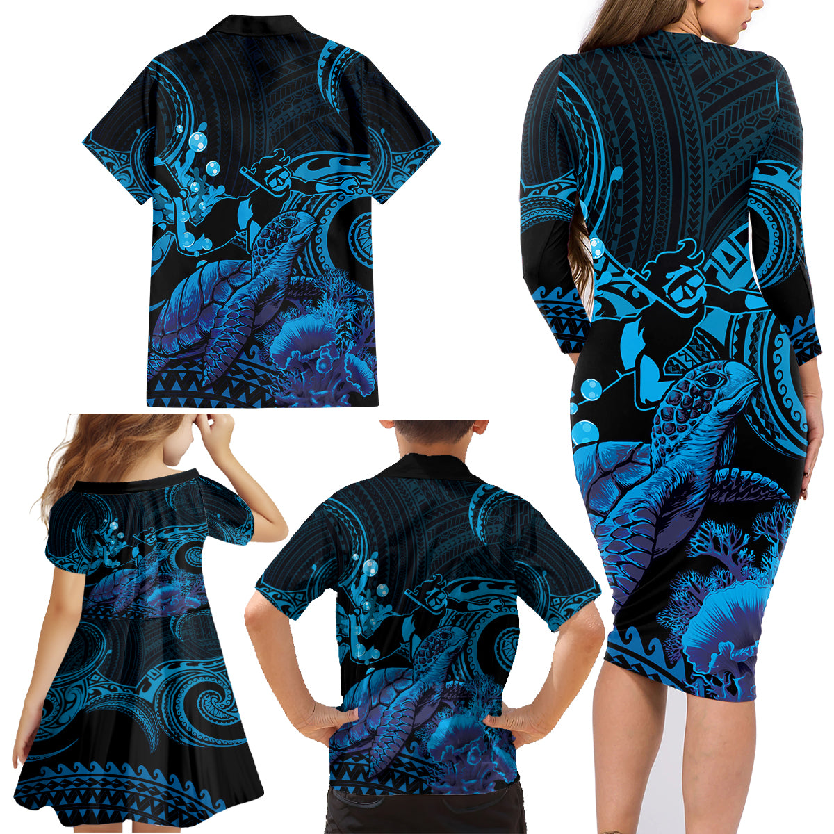 Blue Aloha Hawaii Family Matching Long Sleeve Bodycon Dress and Hawaiian Shirt Snorkeling With Sea Turtle Polynesian Pattern LT14 - Polynesian Pride