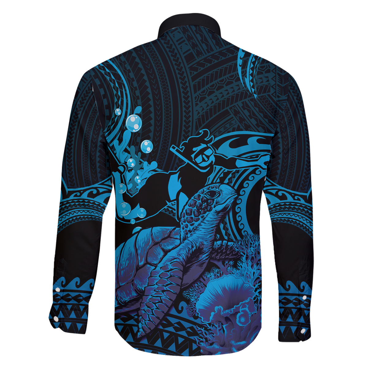 Blue Aloha Hawaii Family Matching Long Sleeve Bodycon Dress and Hawaiian Shirt Snorkeling With Sea Turtle Polynesian Pattern LT14 - Polynesian Pride