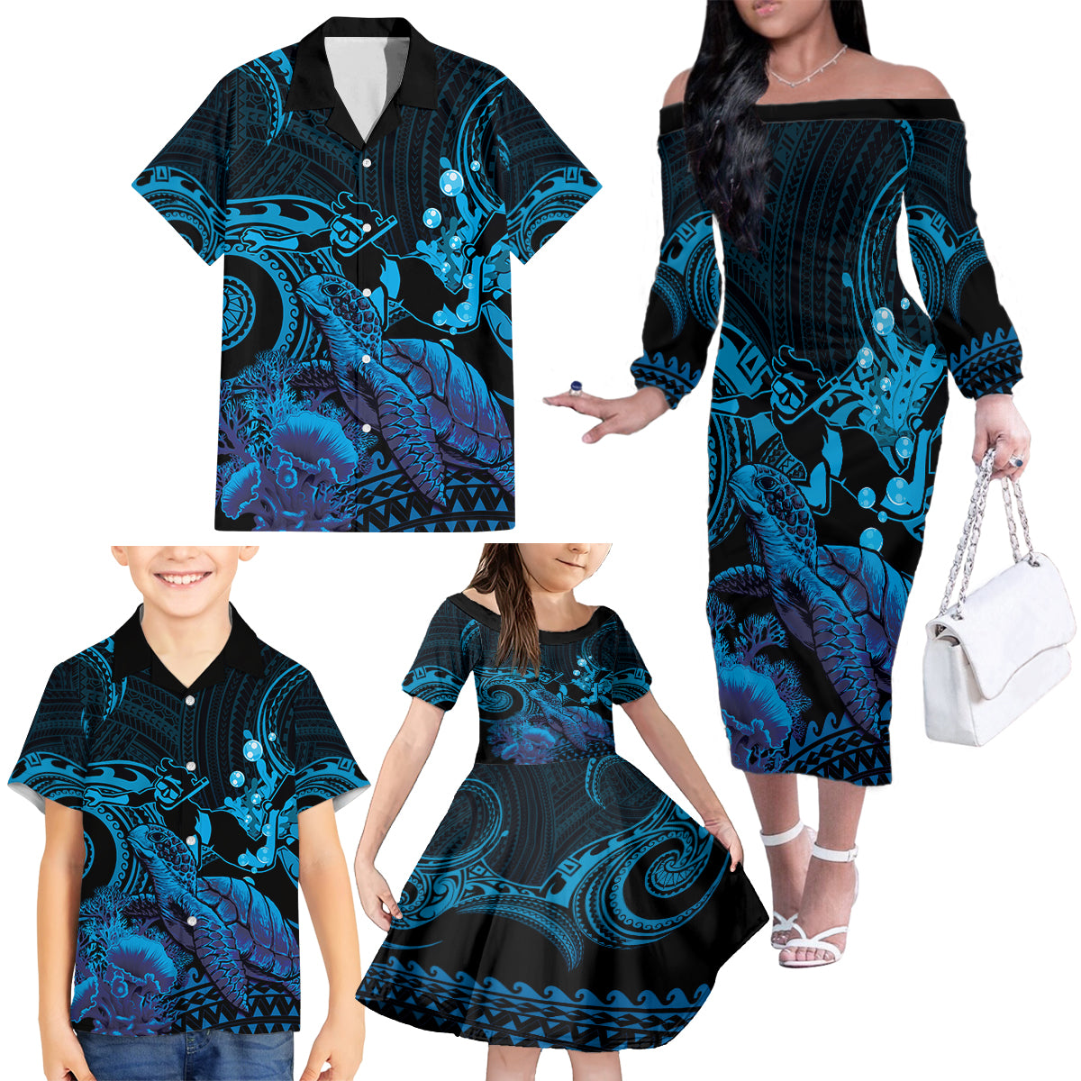 Blue Aloha Hawaii Family Matching Off The Shoulder Long Sleeve Dress and Hawaiian Shirt Snorkeling With Sea Turtle Polynesian Pattern LT14 - Polynesian Pride