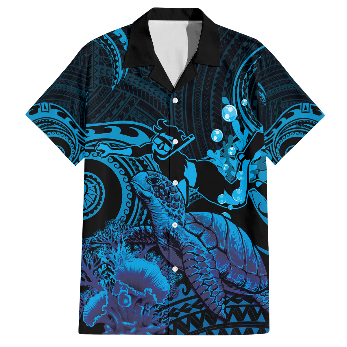 Blue Aloha Hawaii Family Matching Off The Shoulder Long Sleeve Dress and Hawaiian Shirt Snorkeling With Sea Turtle Polynesian Pattern LT14 Dad's Shirt - Short Sleeve Blue - Polynesian Pride