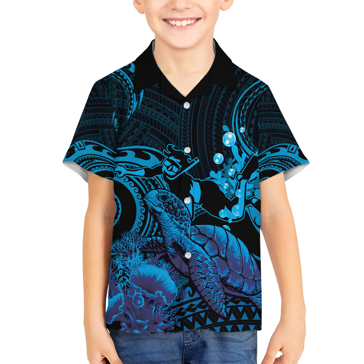 Blue Aloha Hawaii Family Matching Off The Shoulder Long Sleeve Dress and Hawaiian Shirt Snorkeling With Sea Turtle Polynesian Pattern LT14 Son's Shirt Blue - Polynesian Pride