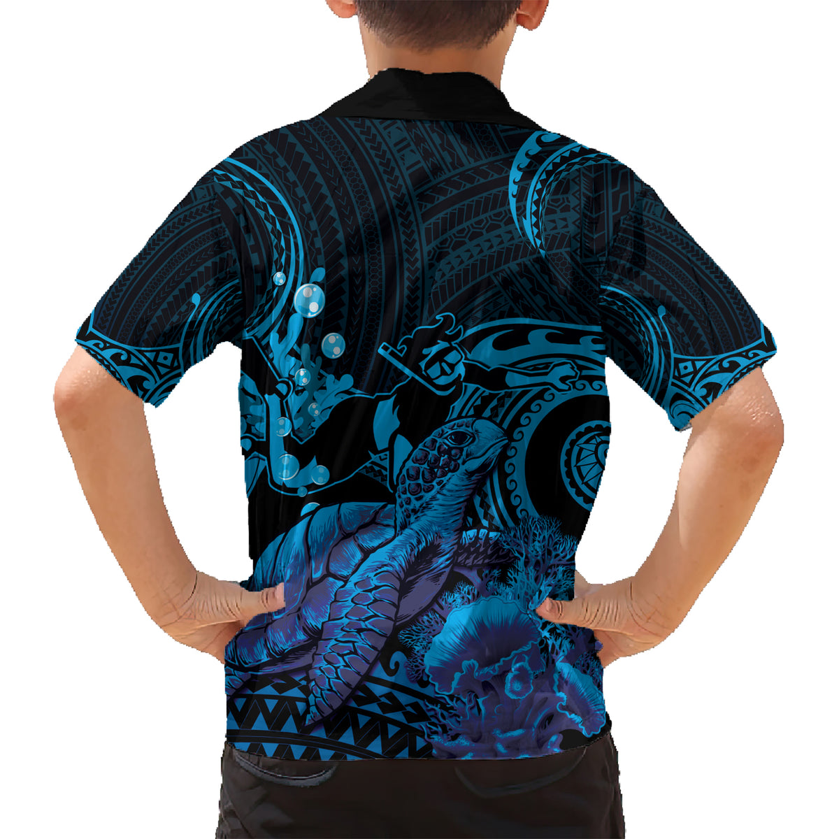 Blue Aloha Hawaii Family Matching Short Sleeve Bodycon Dress and Hawaiian Shirt Snorkeling With Sea Turtle Polynesian Pattern LT14 - Polynesian Pride
