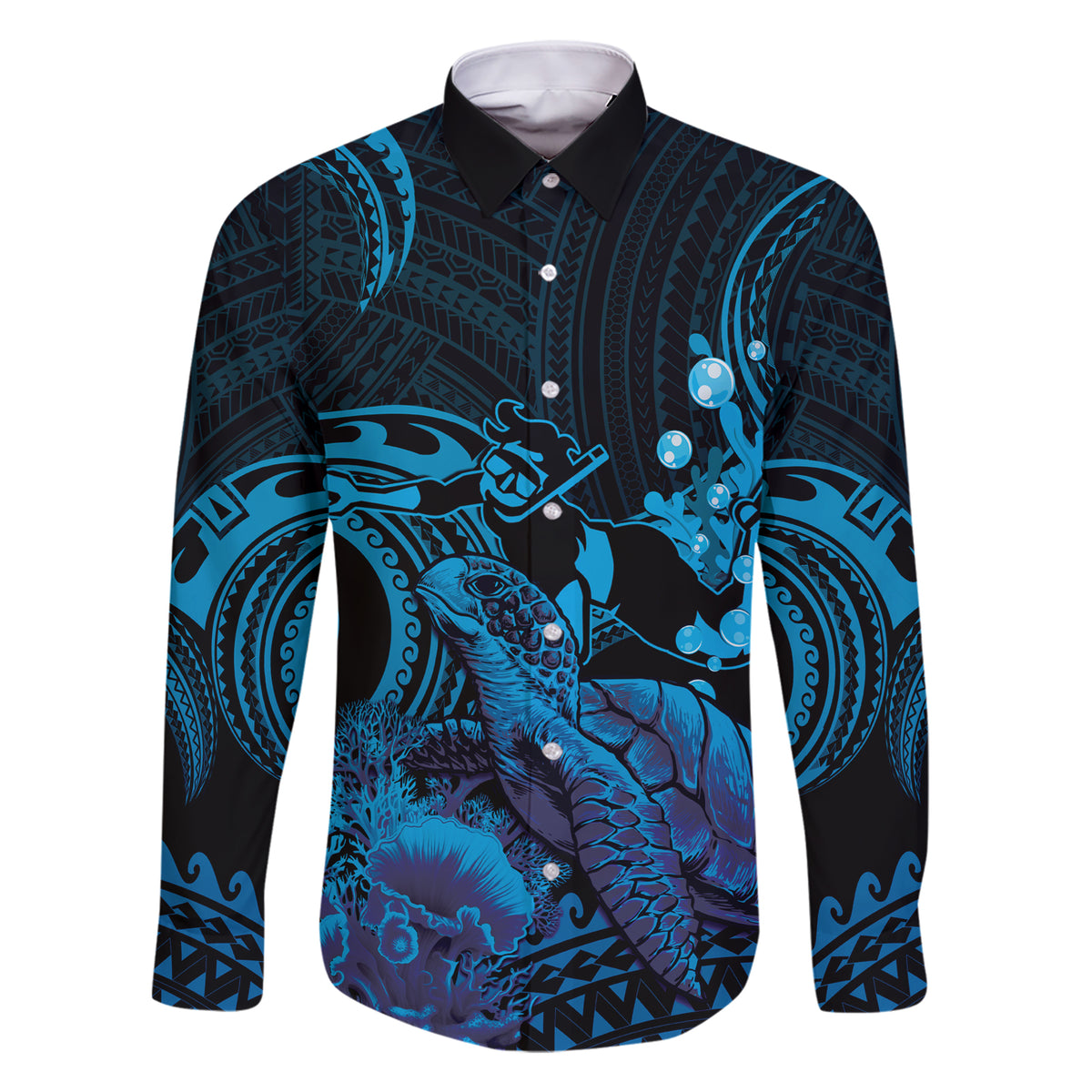Blue Aloha Hawaii Family Matching Short Sleeve Bodycon Dress and Hawaiian Shirt Snorkeling With Sea Turtle Polynesian Pattern LT14 Dad's Shirt - Long Sleeve Blue - Polynesian Pride