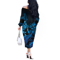 Blue Aloha Hawaii Off The Shoulder Long Sleeve Dress Snorkeling With Sea Turtle Polynesian Pattern LT14 - Polynesian Pride