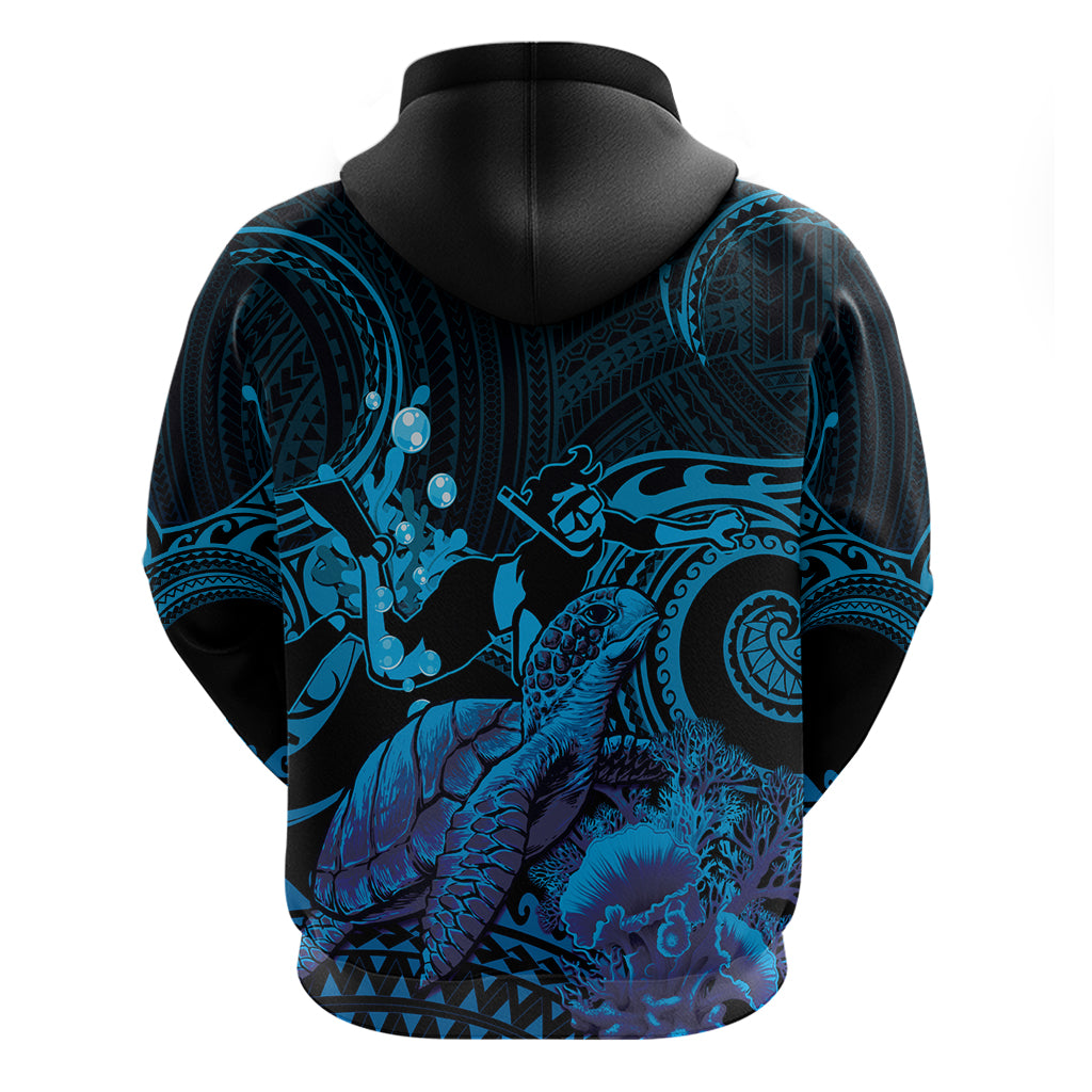 Blue Aloha Hawaii Zip Hoodie Snorkeling With Sea Turtle Polynesian Pattern