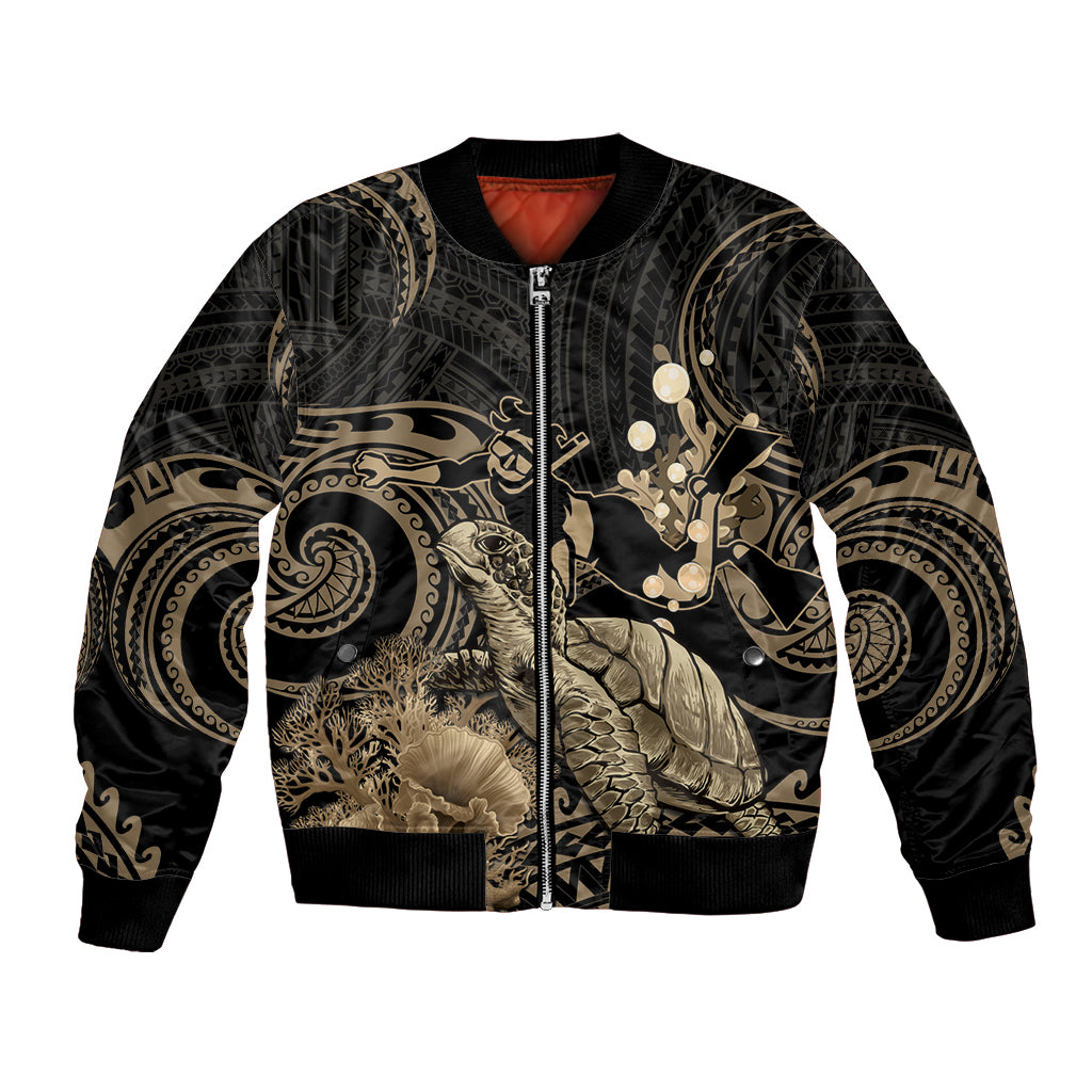 Gold Aloha Hawaii Bomber Jacket Snorkeling With Sea Turtle Polynesian Pattern