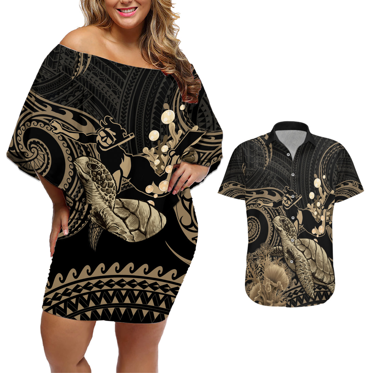 Gold Aloha Hawaii Couples Matching Off Shoulder Short Dress and Hawaiian Shirt Snorkeling With Sea Turtle Polynesian Pattern