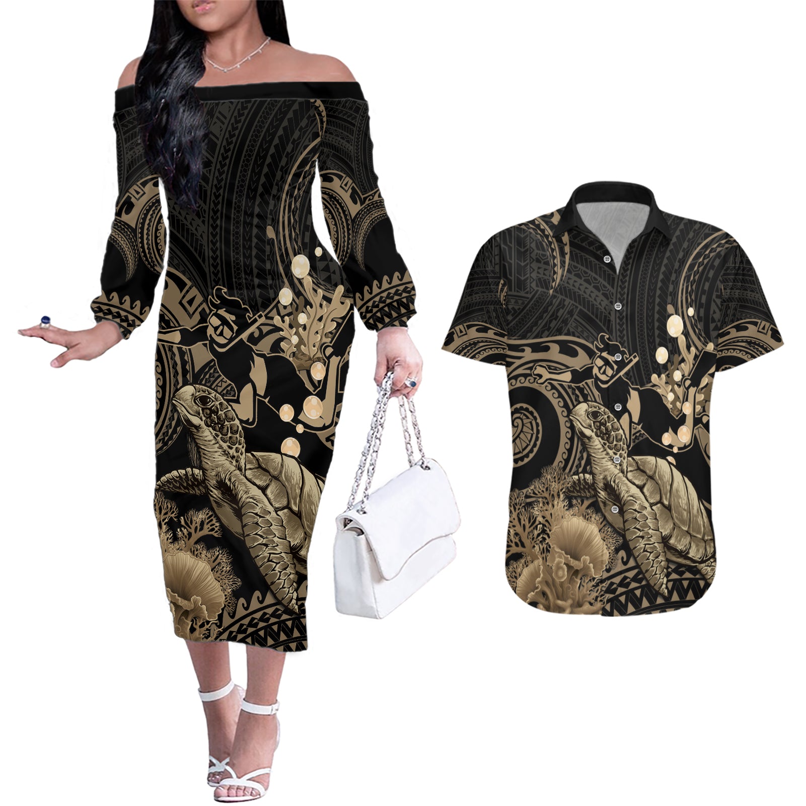 Gold Aloha Hawaii Couples Matching Off The Shoulder Long Sleeve Dress and Hawaiian Shirt Snorkeling With Sea Turtle Polynesian Pattern