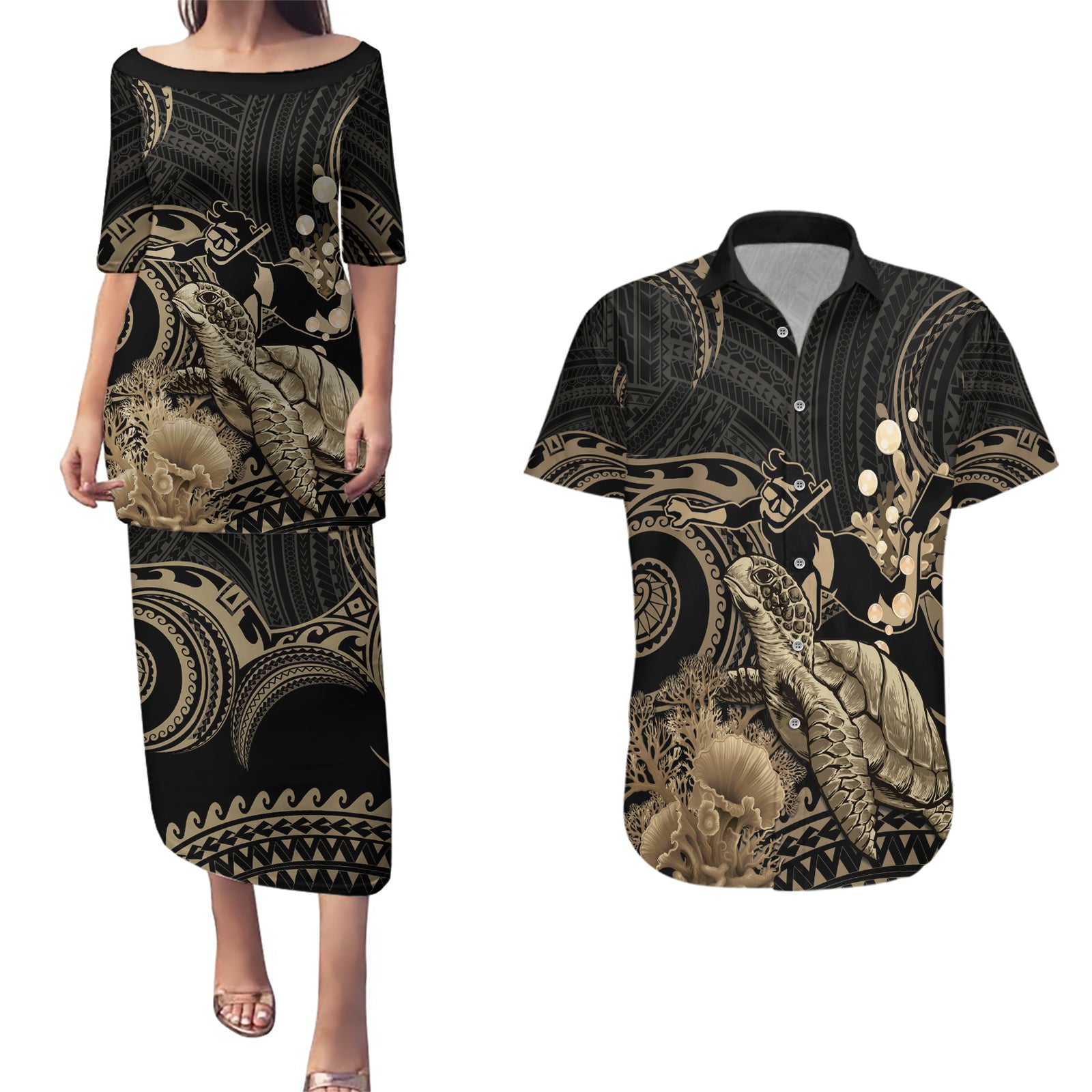 Gold Aloha Hawaii Couples Matching Puletasi and Hawaiian Shirt Snorkeling With Sea Turtle Polynesian Pattern