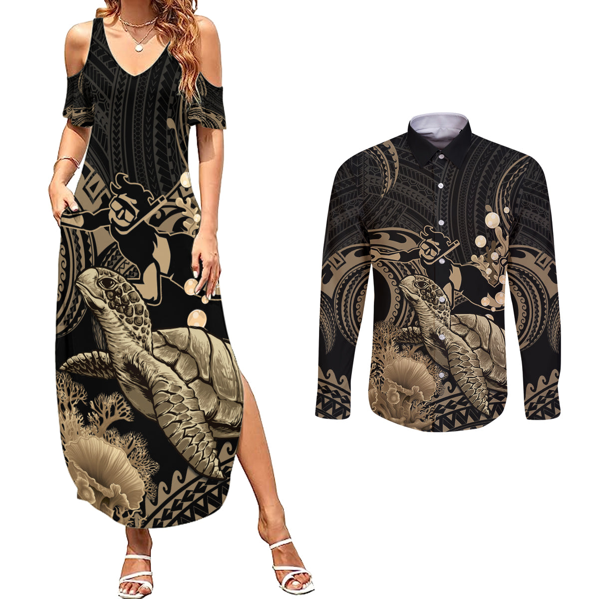 Gold Aloha Hawaii Couples Matching Summer Maxi Dress and Long Sleeve Button Shirt Snorkeling With Sea Turtle Polynesian Pattern