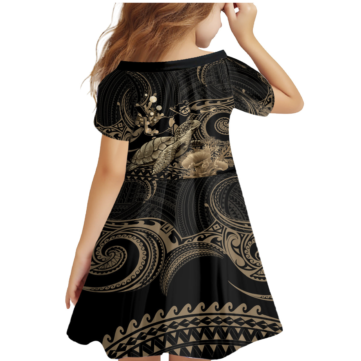 Gold Aloha Hawaii Family Matching Mermaid Dress and Hawaiian Shirt Snorkeling With Sea Turtle Polynesian Pattern LT14 - Polynesian Pride