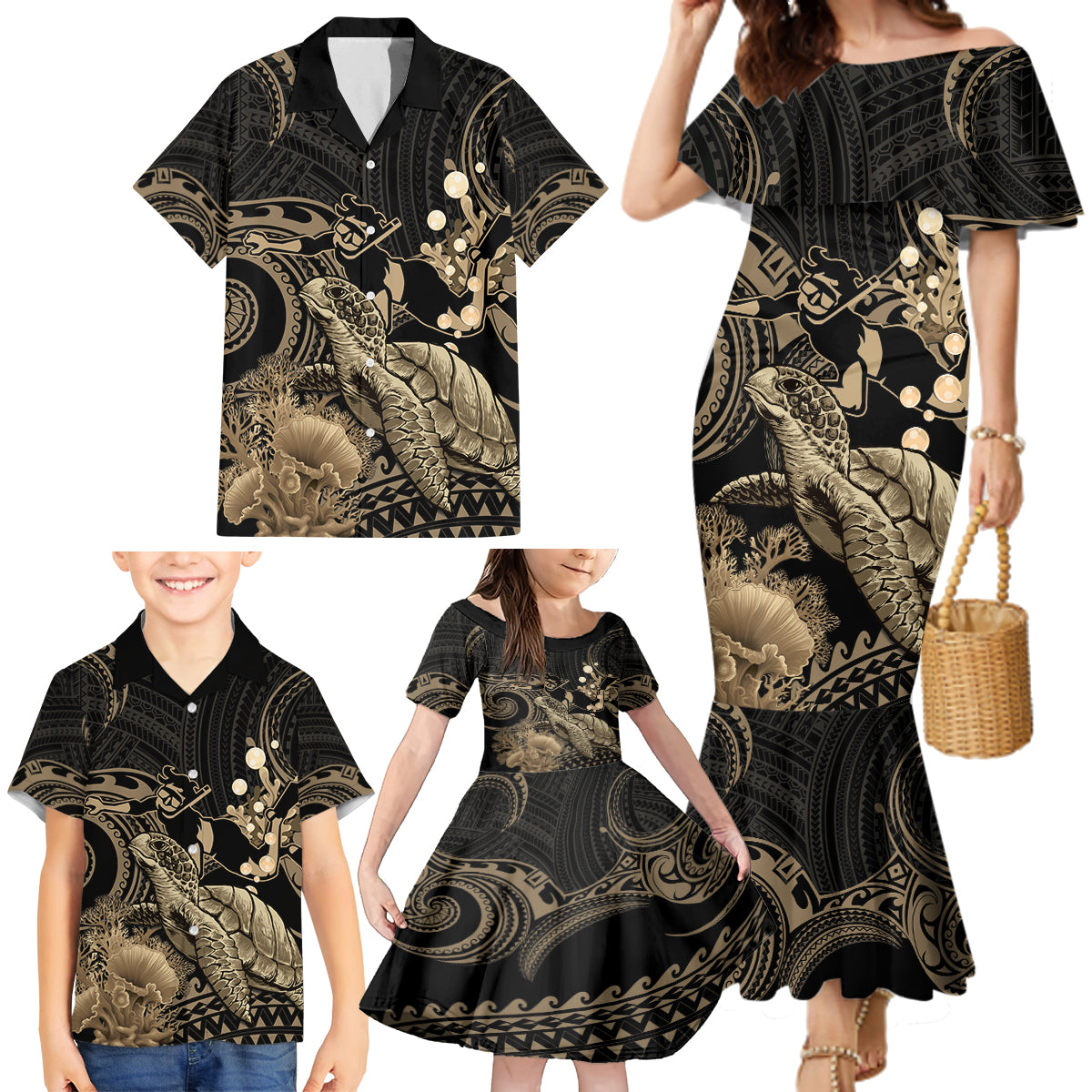 Gold Aloha Hawaii Family Matching Mermaid Dress and Hawaiian Shirt Snorkeling With Sea Turtle Polynesian Pattern LT14 - Polynesian Pride