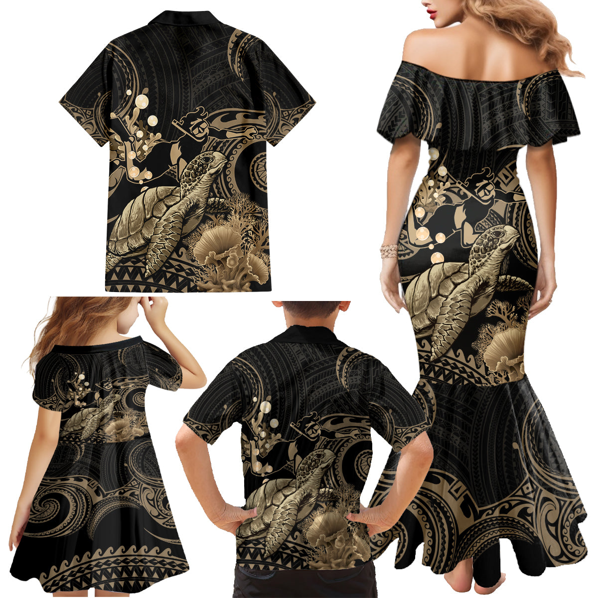 Gold Aloha Hawaii Family Matching Mermaid Dress and Hawaiian Shirt Snorkeling With Sea Turtle Polynesian Pattern LT14 - Polynesian Pride