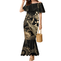 Gold Aloha Hawaii Family Matching Mermaid Dress and Hawaiian Shirt Snorkeling With Sea Turtle Polynesian Pattern LT14 Mom's Dress Gold - Polynesian Pride