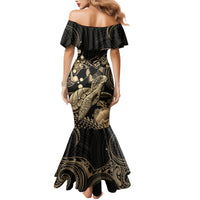 Gold Aloha Hawaii Family Matching Mermaid Dress and Hawaiian Shirt Snorkeling With Sea Turtle Polynesian Pattern LT14 - Polynesian Pride