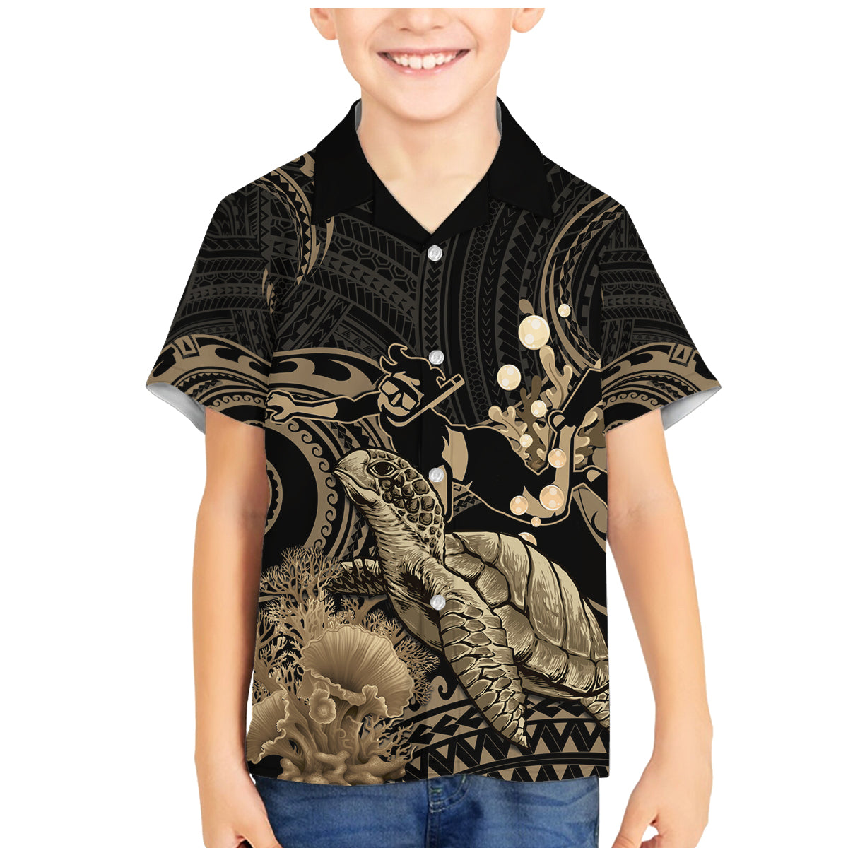 Gold Aloha Hawaii Family Matching Mermaid Dress and Hawaiian Shirt Snorkeling With Sea Turtle Polynesian Pattern LT14 Son's Shirt Gold - Polynesian Pride