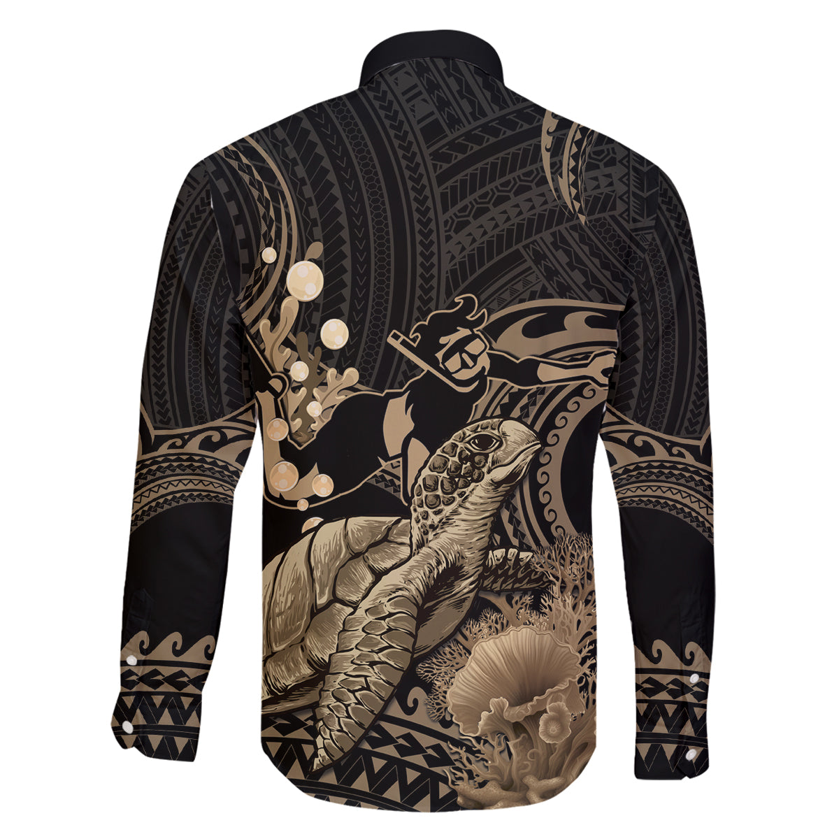 Gold Aloha Hawaii Family Matching Off The Shoulder Long Sleeve Dress and Hawaiian Shirt Snorkeling With Sea Turtle Polynesian Pattern LT14 - Polynesian Pride