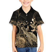 Gold Aloha Hawaii Family Matching Off The Shoulder Long Sleeve Dress and Hawaiian Shirt Snorkeling With Sea Turtle Polynesian Pattern LT14 Son's Shirt Gold - Polynesian Pride