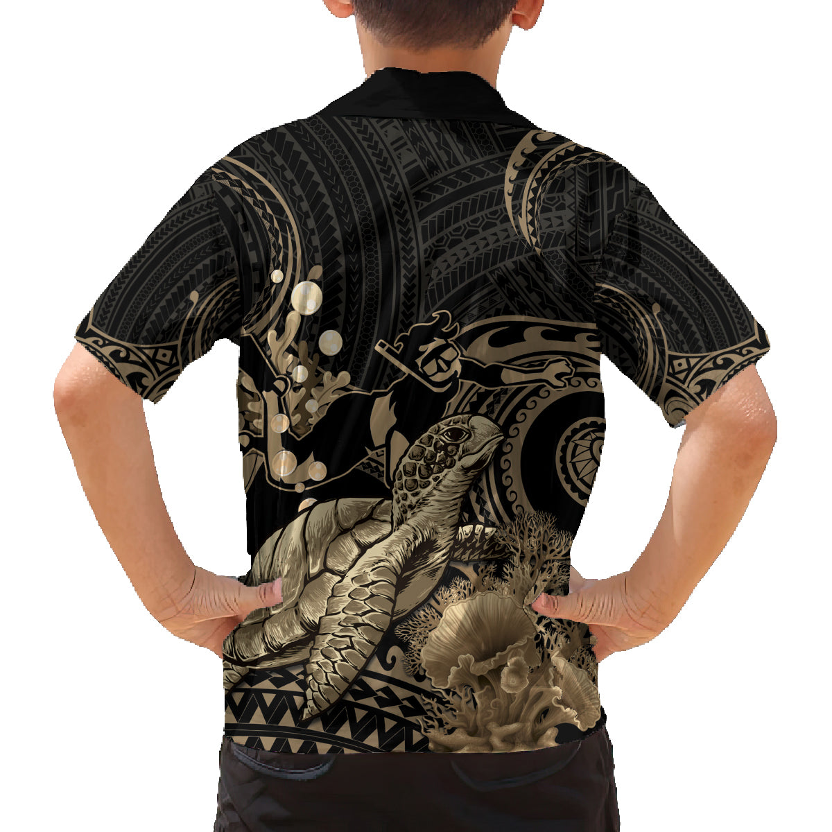 Gold Aloha Hawaii Family Matching Off Shoulder Short Dress and Hawaiian Shirt Snorkeling With Sea Turtle Polynesian Pattern