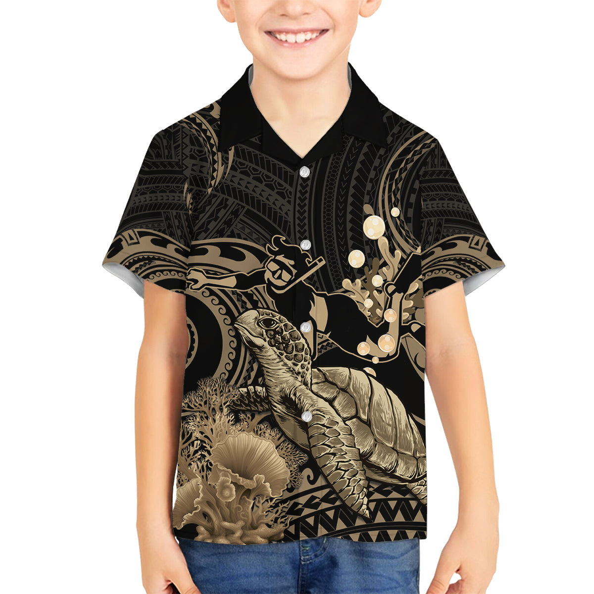Gold Aloha Hawaii Family Matching Off Shoulder Short Dress and Hawaiian Shirt Snorkeling With Sea Turtle Polynesian Pattern