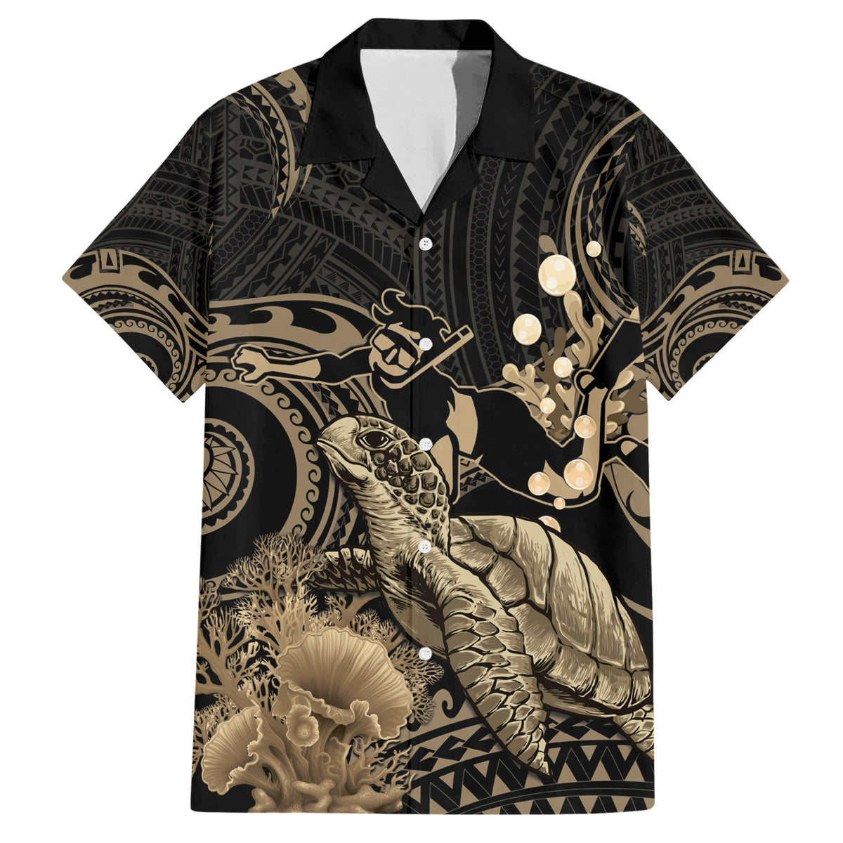 Gold Aloha Hawaii Family Matching Short Sleeve Bodycon Dress and Hawaiian Shirt Snorkeling With Sea Turtle Polynesian Pattern