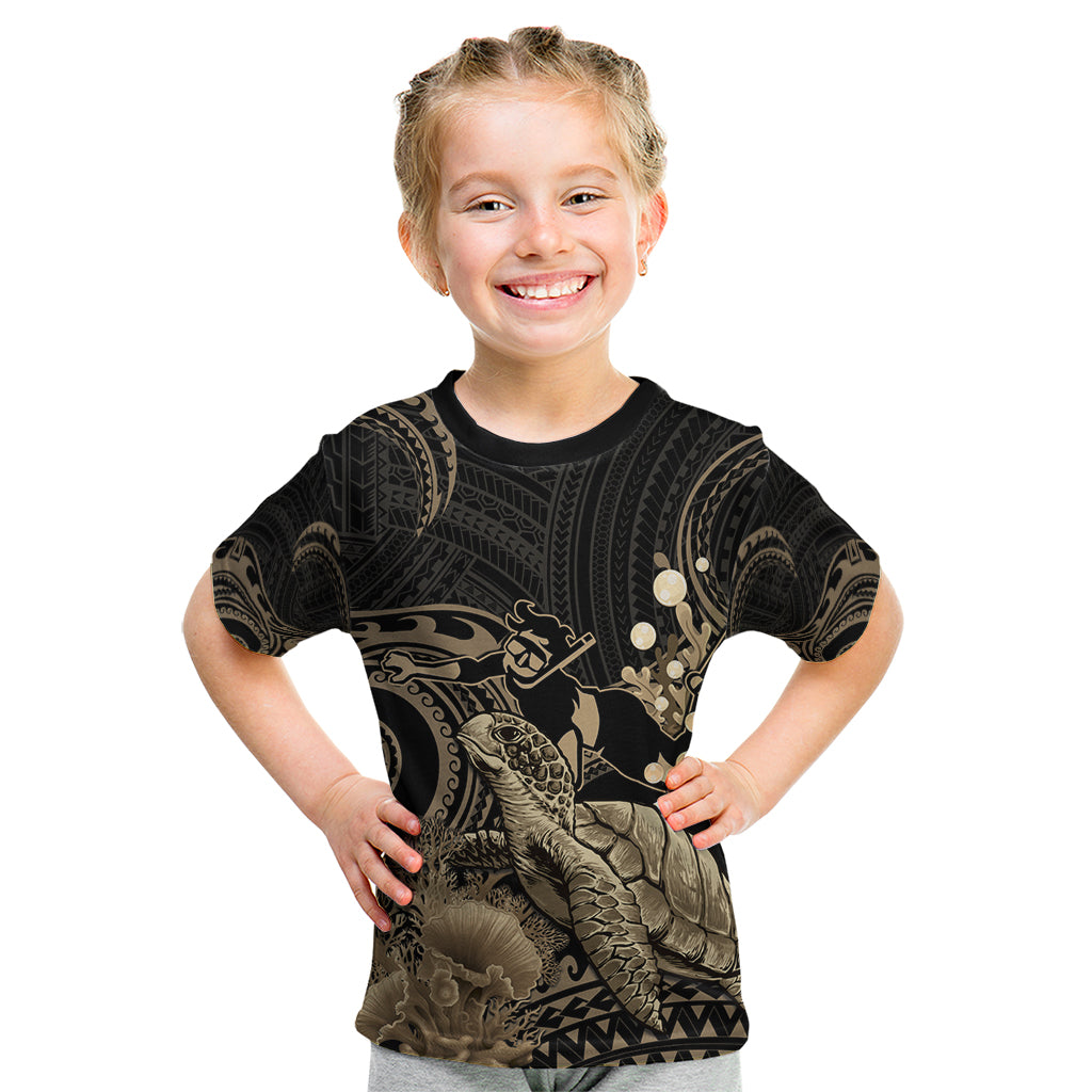 Gold Aloha Hawaii Kid T Shirt Snorkeling With Sea Turtle Polynesian Pattern