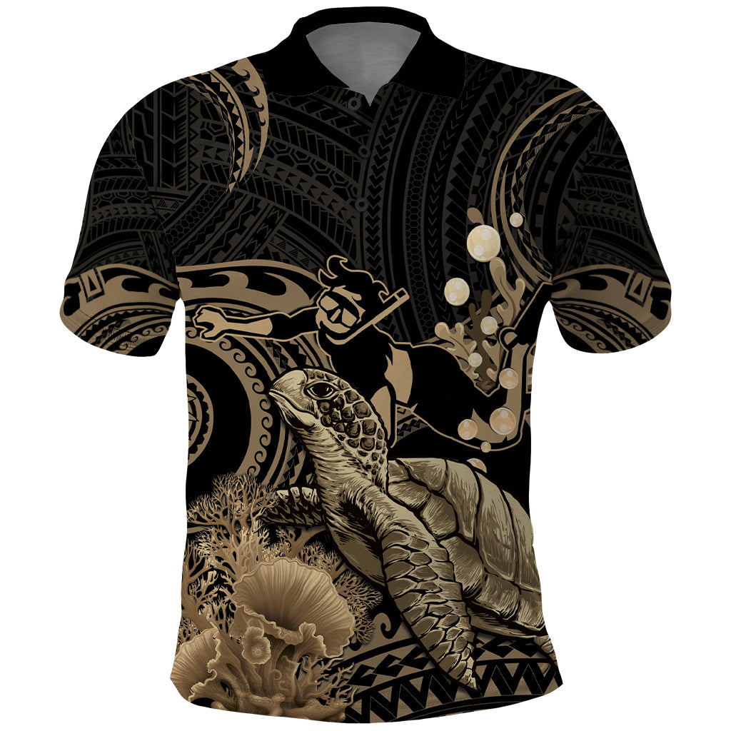 Gold Aloha Hawaii Polo Shirt Snorkeling With Sea Turtle Polynesian Pattern