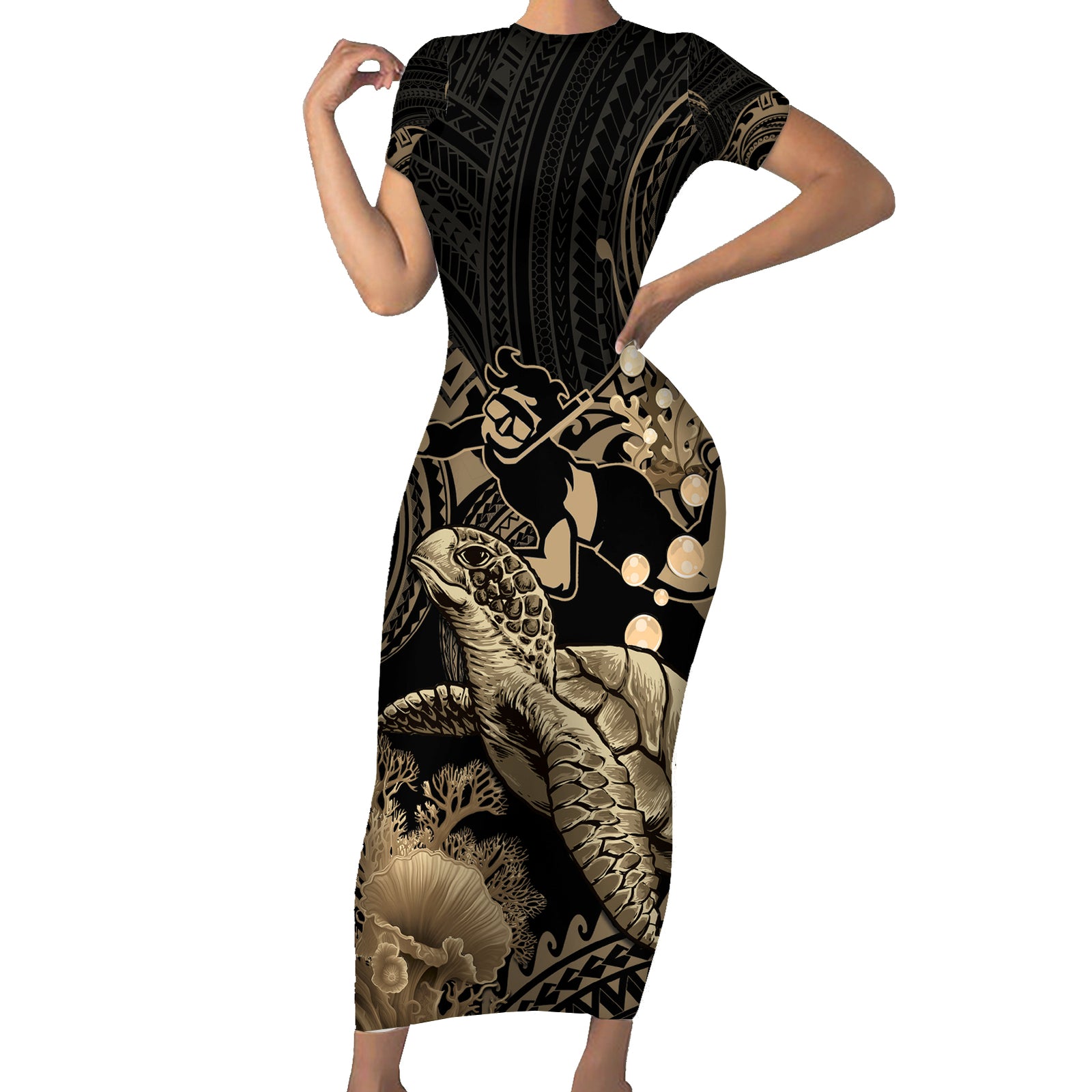 Gold Aloha Hawaii Short Sleeve Bodycon Dress Snorkeling With Sea Turtle Polynesian Pattern