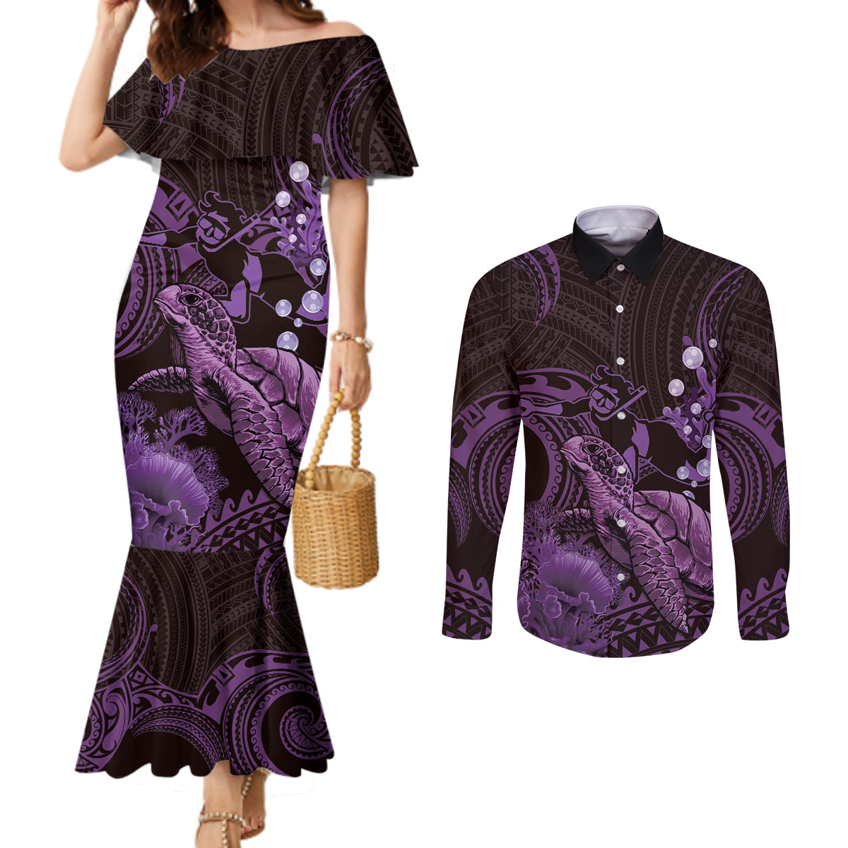 Purple Aloha Hawaii Couples Matching Mermaid Dress and Long Sleeve Button Shirt Snorkeling With Sea Turtle Polynesian Pattern