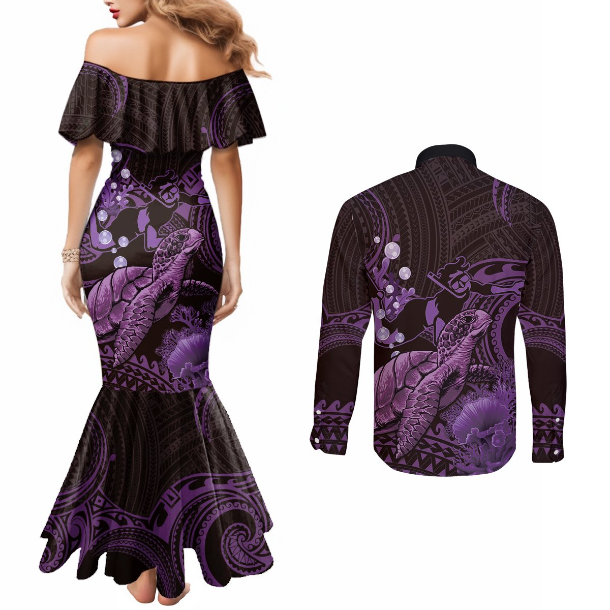 Purple Aloha Hawaii Couples Matching Mermaid Dress and Long Sleeve Button Shirt Snorkeling With Sea Turtle Polynesian Pattern