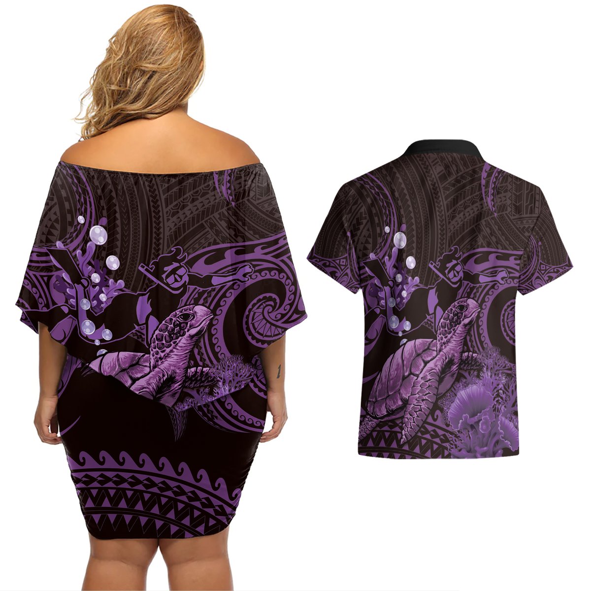 Purple Aloha Hawaii Couples Matching Off Shoulder Short Dress and Hawaiian Shirt Snorkeling With Sea Turtle Polynesian Pattern