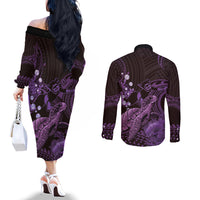 Purple Aloha Hawaii Couples Matching Off The Shoulder Long Sleeve Dress and Long Sleeve Button Shirt Snorkeling With Sea Turtle Polynesian Pattern