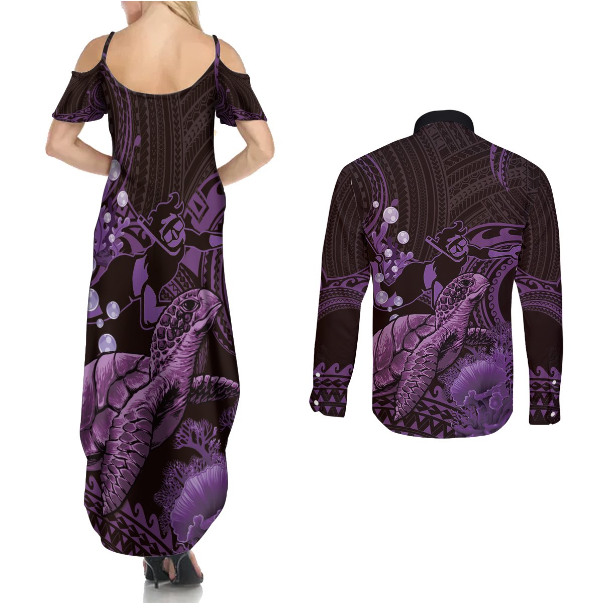 Purple Aloha Hawaii Couples Matching Summer Maxi Dress and Long Sleeve Button Shirt Snorkeling With Sea Turtle Polynesian Pattern
