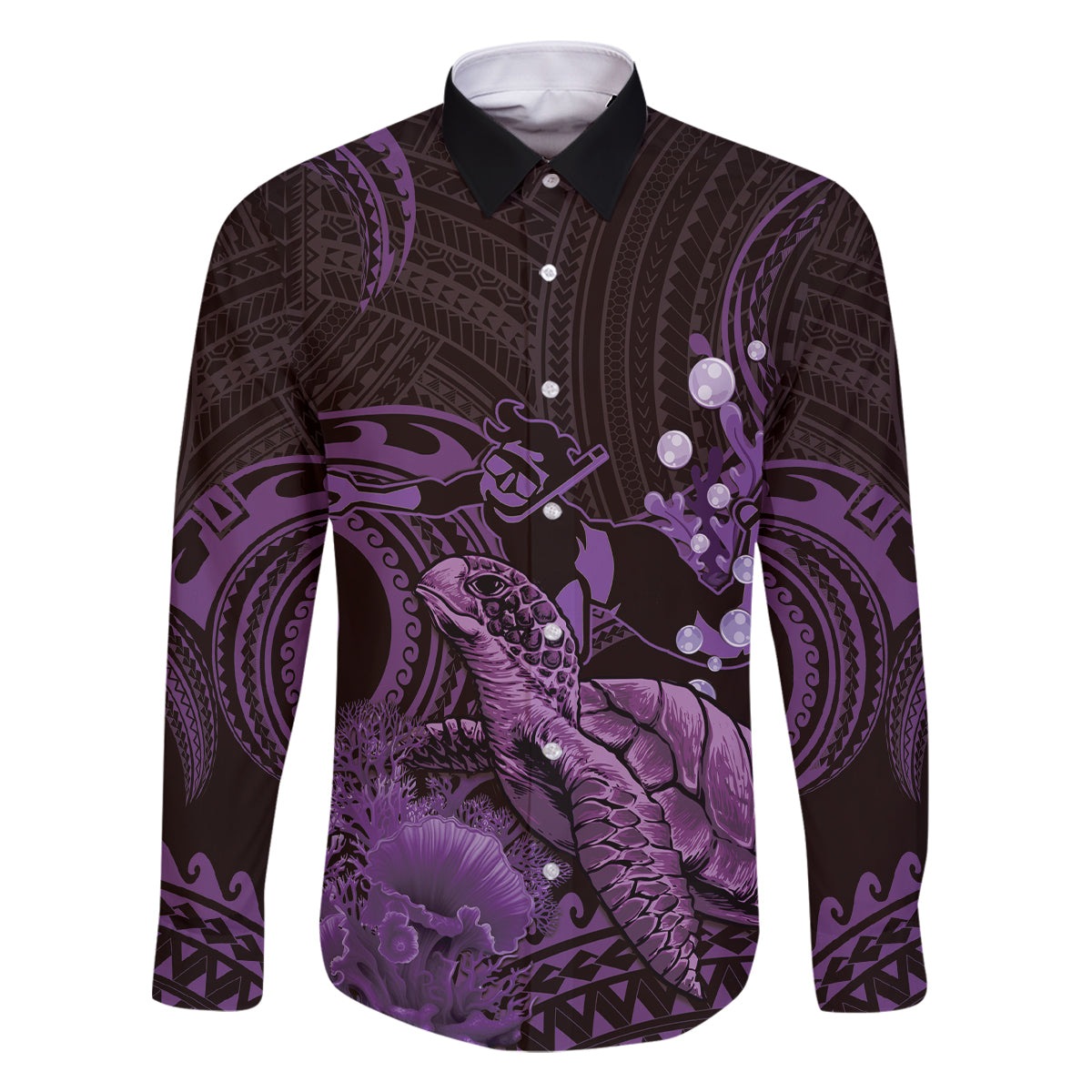Purple Aloha Hawaii Family Matching Long Sleeve Bodycon Dress and Hawaiian Shirt Snorkeling With Sea Turtle Polynesian Pattern LT14 Dad's Shirt - Long Sleeve Purple - Polynesian Pride