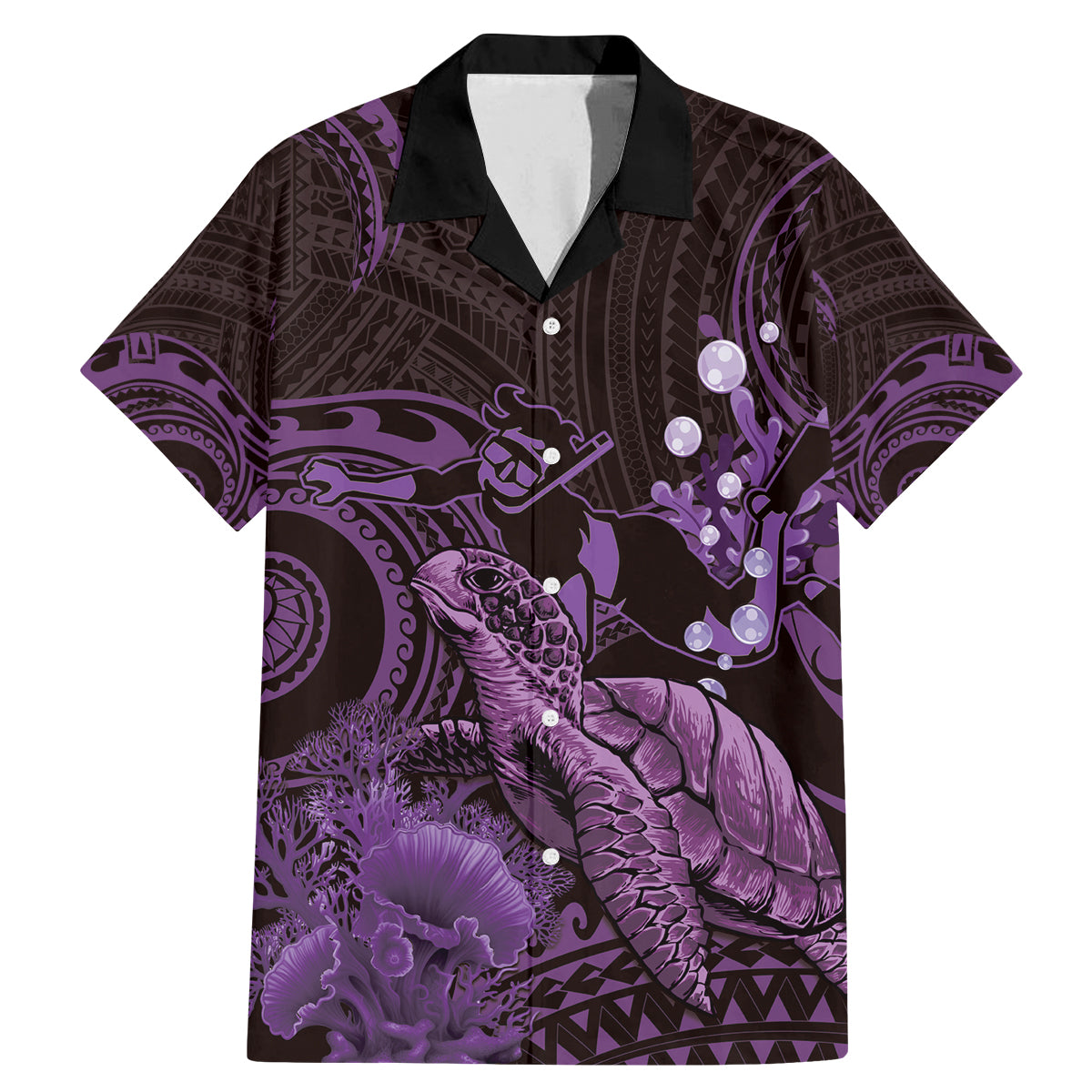 Purple Aloha Hawaii Family Matching Mermaid Dress and Hawaiian Shirt Snorkeling With Sea Turtle Polynesian Pattern LT14 Dad's Shirt - Short Sleeve Purple - Polynesian Pride