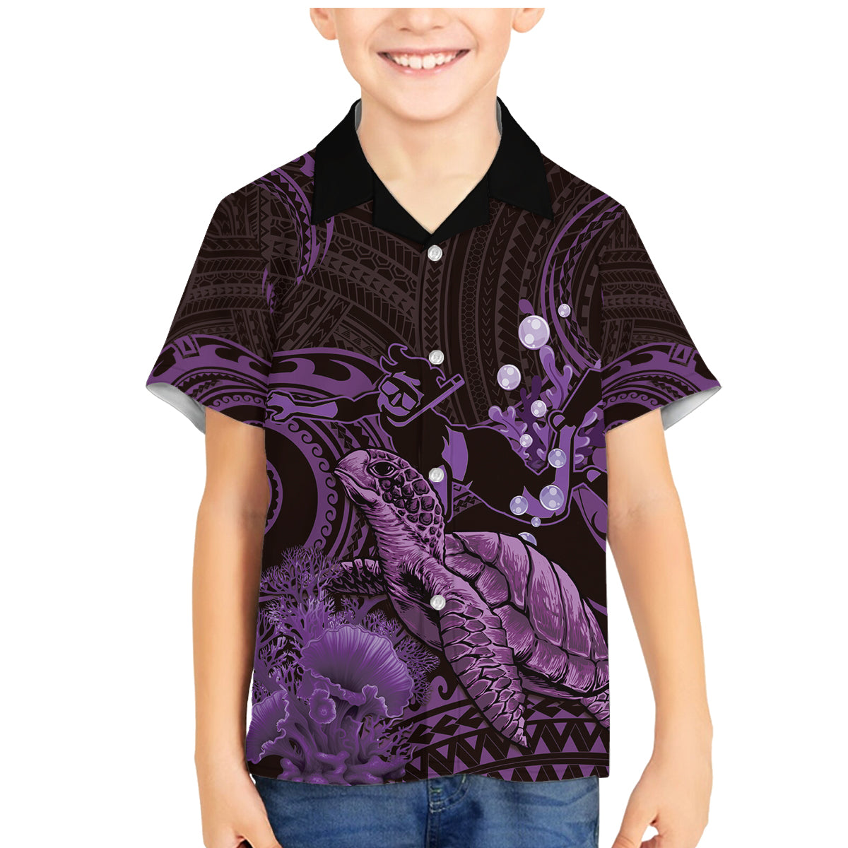 Purple Aloha Hawaii Family Matching Mermaid Dress and Hawaiian Shirt Snorkeling With Sea Turtle Polynesian Pattern LT14 Son's Shirt Purple - Polynesian Pride