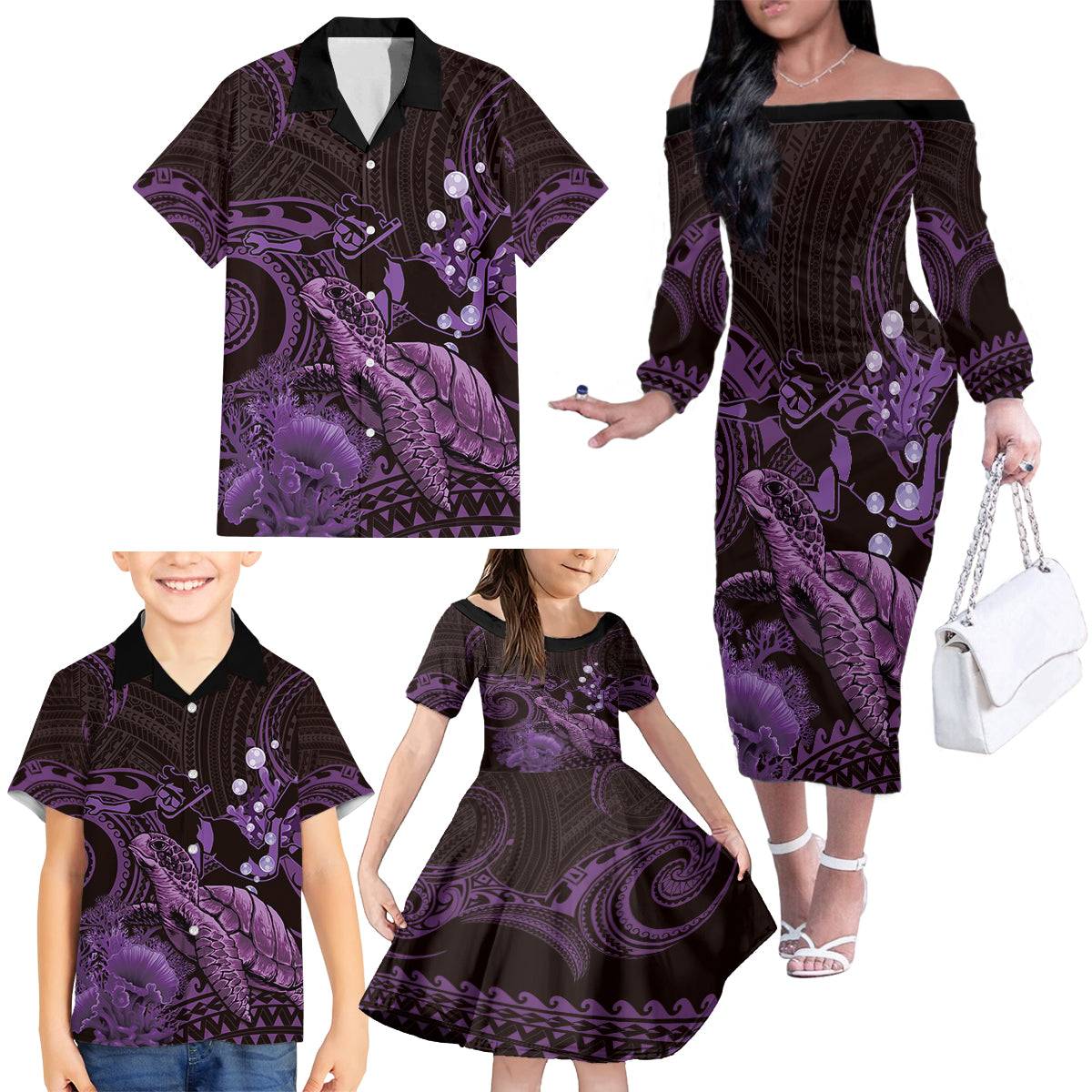 Purple Aloha Hawaii Family Matching Off The Shoulder Long Sleeve Dress and Hawaiian Shirt Snorkeling With Sea Turtle Polynesian Pattern LT14 - Polynesian Pride