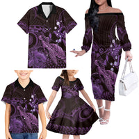 Purple Aloha Hawaii Family Matching Off The Shoulder Long Sleeve Dress and Hawaiian Shirt Snorkeling With Sea Turtle Polynesian Pattern LT14 - Polynesian Pride