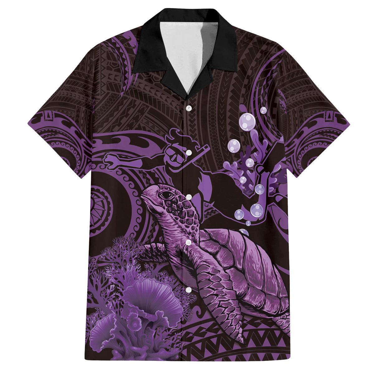 Purple Aloha Hawaii Family Matching Off Shoulder Short Dress and Hawaiian Shirt Snorkeling With Sea Turtle Polynesian Pattern LT14 Dad's Shirt - Short Sleeve Purple - Polynesian Pride