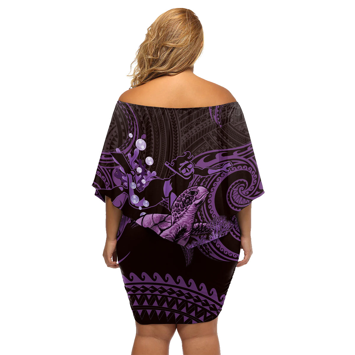 Purple Aloha Hawaii Family Matching Off Shoulder Short Dress and Hawaiian Shirt Snorkeling With Sea Turtle Polynesian Pattern LT14 - Polynesian Pride