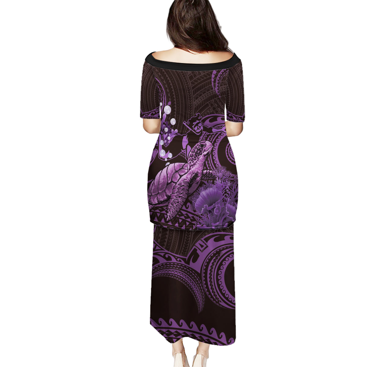 Purple Aloha Hawaii Family Matching Puletasi and Hawaiian Shirt Snorkeling With Sea Turtle Polynesian Pattern