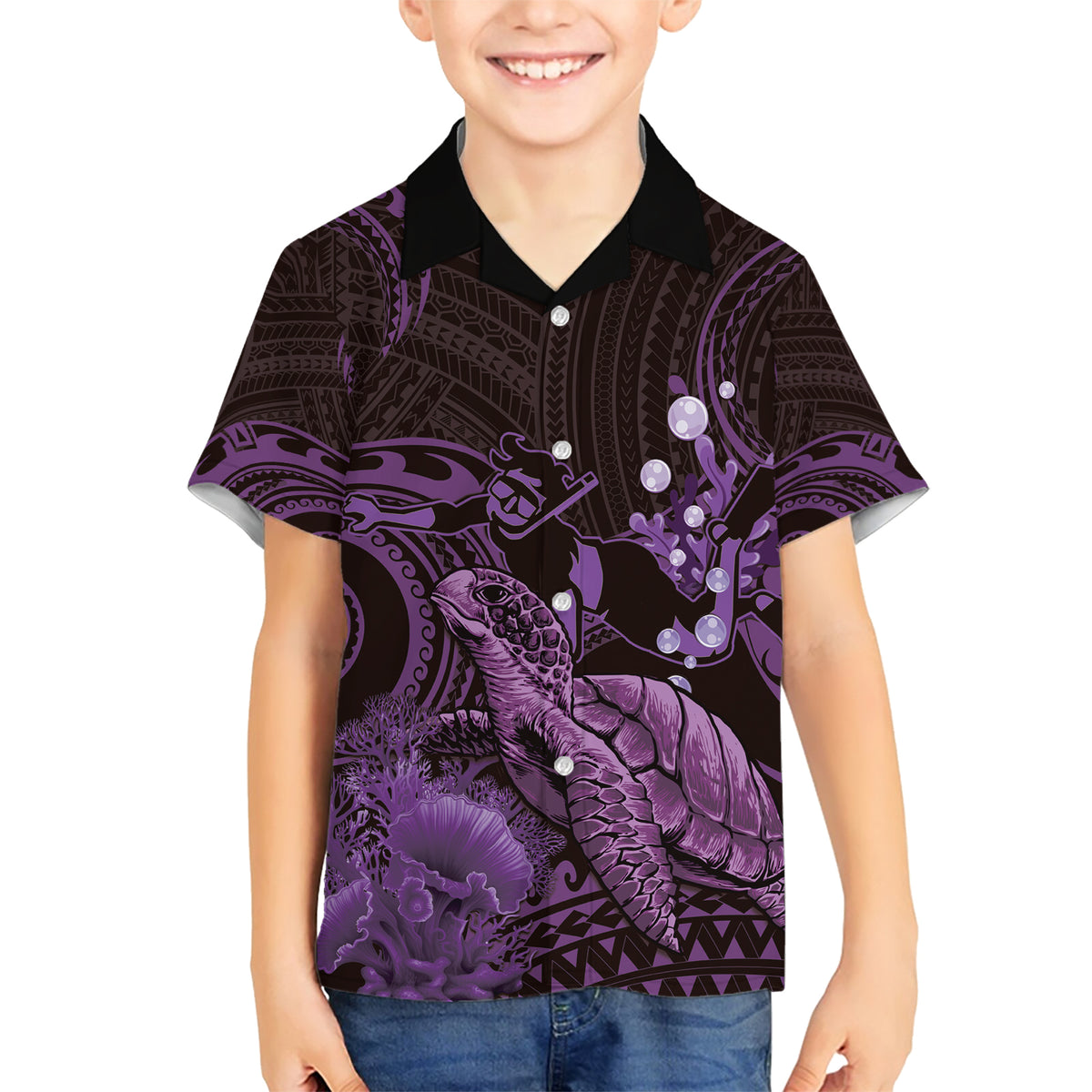 Purple Aloha Hawaii Family Matching Short Sleeve Bodycon Dress and Hawaiian Shirt Snorkeling With Sea Turtle Polynesian Pattern LT14 Son's Shirt Purple - Polynesian Pride