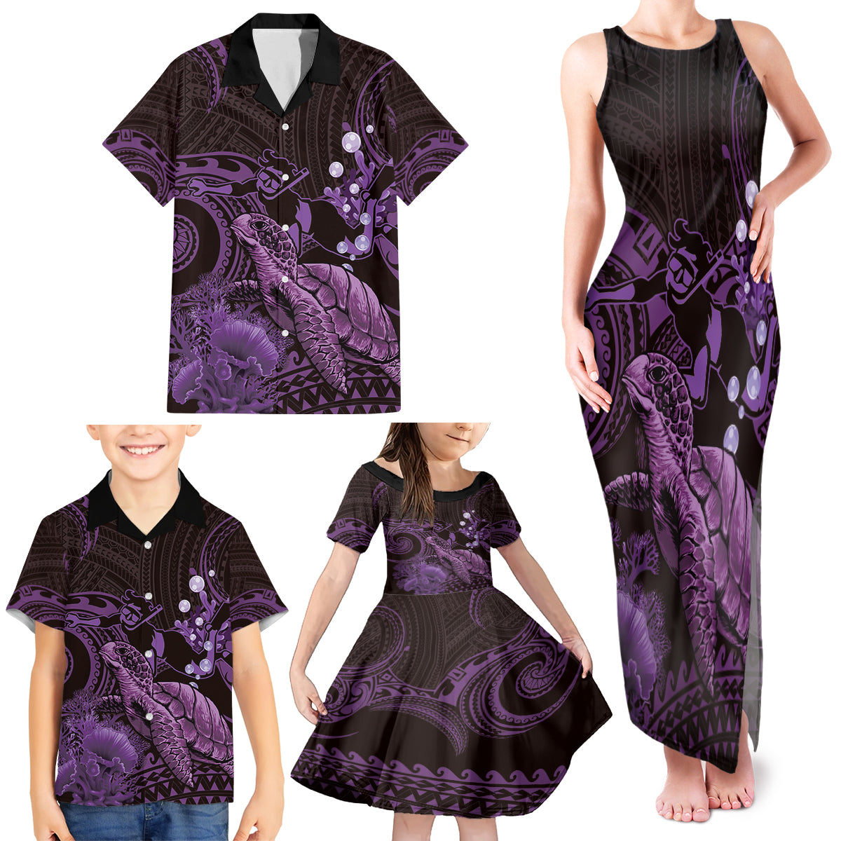 Purple Aloha Hawaii Family Matching Tank Maxi Dress and Hawaiian Shirt Snorkeling With Sea Turtle Polynesian Pattern LT14 - Polynesian Pride