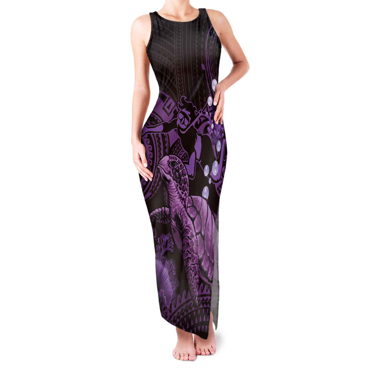 Purple Aloha Hawaii Family Matching Tank Maxi Dress and Hawaiian Shirt Snorkeling With Sea Turtle Polynesian Pattern LT14 Mom's Dress Purple - Polynesian Pride