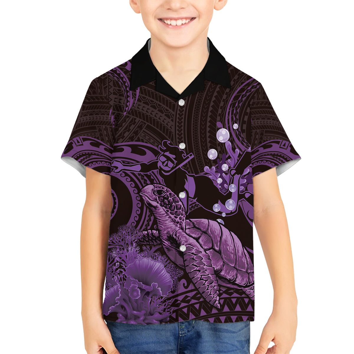 Purple Aloha Hawaii Family Matching Tank Maxi Dress and Hawaiian Shirt Snorkeling With Sea Turtle Polynesian Pattern LT14 Son's Shirt Purple - Polynesian Pride